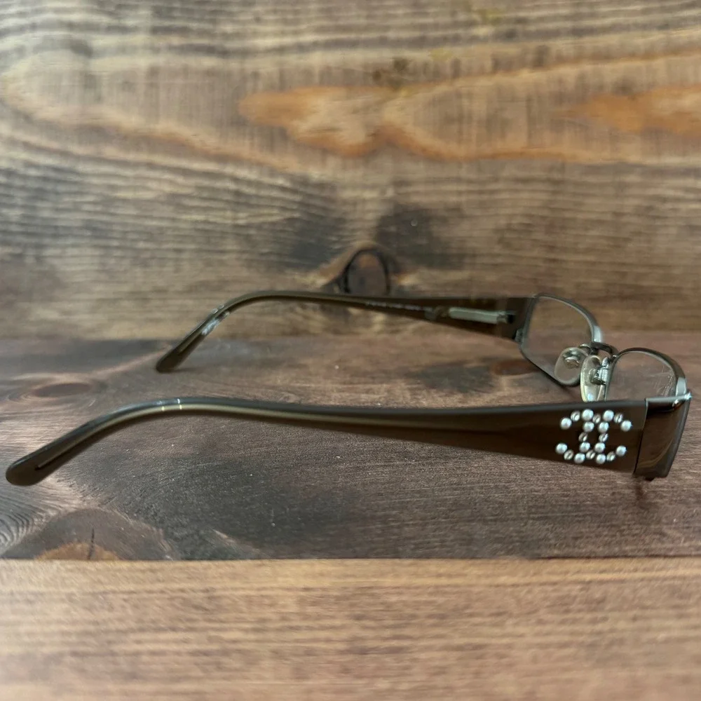 Chanel Eyeglass FRAME ONLY Gunmetal Brown Crystal Pearl CC Logo 50-16-135